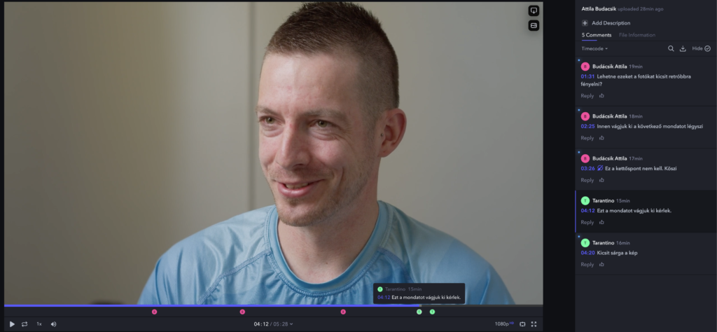 Frame.io felületen komment elhelyezés a videók alá