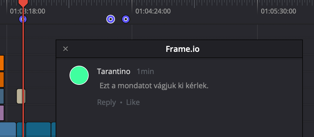 Megbízói komment a DaVinci Resolve felületen